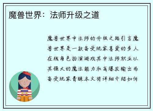 魔兽世界：法师升级之道